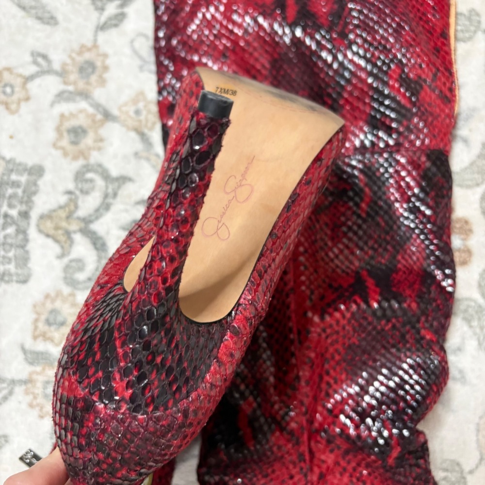 Jessica Simpson Red Snakeskin Over The Knee Slouch Stiletto Boots 7.5M 38 - Picture 6 of 10
